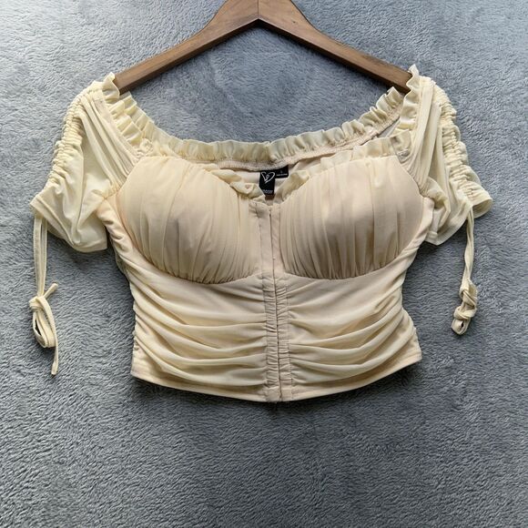 Windsor Tops - Babydoll Top Milkmaid Coquette Large Cream Off Shoulder Bustier Puff Sleeve Crop